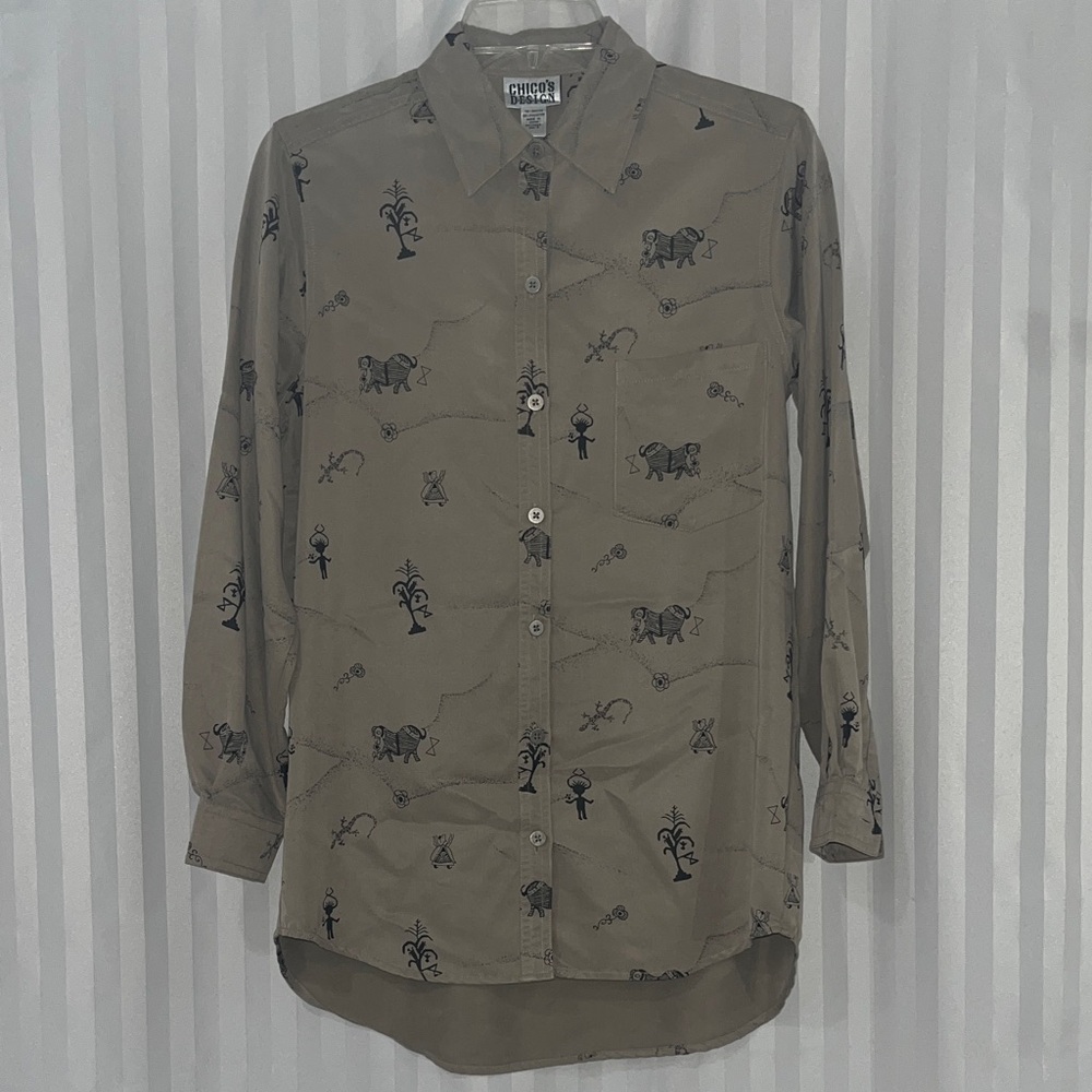 Chico's Taupe Button-Down Shirt with Black Southwest Motif. Like new.